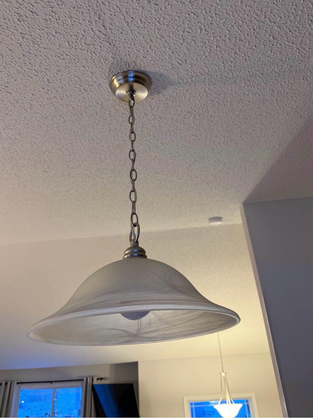Glass Pendant Light Fixture in Frosted White and Brushed Silver